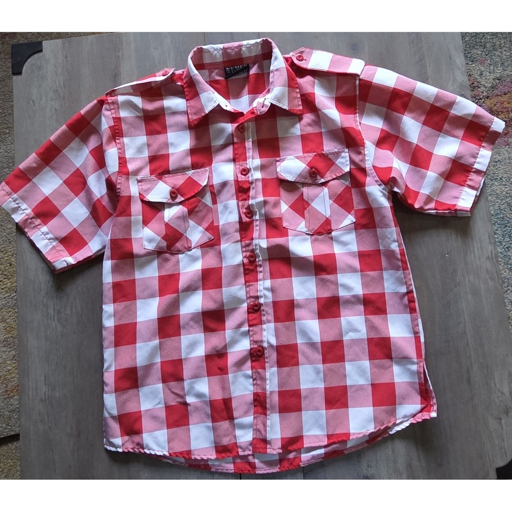 Numen Classic Gingham Red & White Plaid Short Sleeve Button Up Shirt Men L